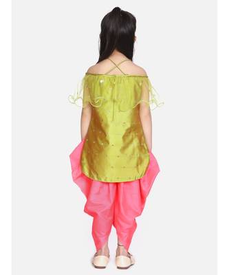 green Frilly Fusion kurti dhoti with matching Maang Tika 5