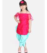 rani pink Frilly Fusion kurti dhoti with matching Maang Tika