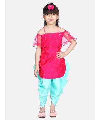 rani pink Frilly Fusion kurti dhoti with matching Maang Tika 2