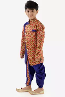 Turquiose MAYA AZTEC PRINT FESTIVE  SHERWANI WITH  DHOTI