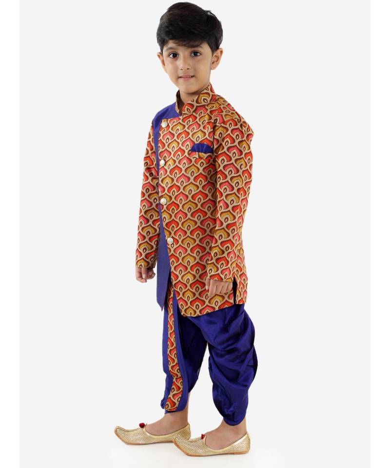Turquiose MAYA AZTEC PRINT FESTIVE  SHERWANI WITH  DHOTI