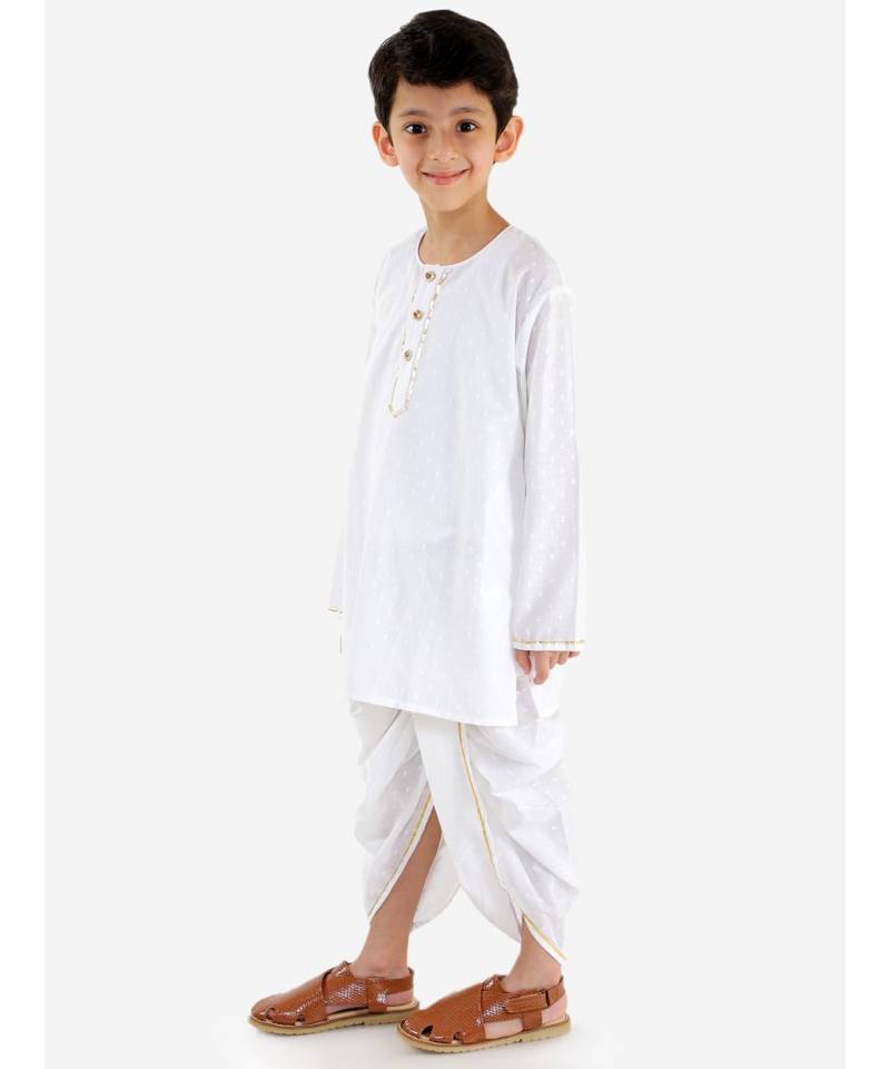white AVEY  PURE COTTONJAQUARD  ROUND NECK KURTA DHOTI