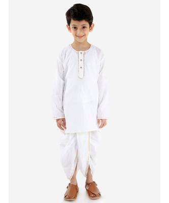 white AVEY  PURE COTTONJAQUARD  ROUND NECK KURTA DHOTI 3