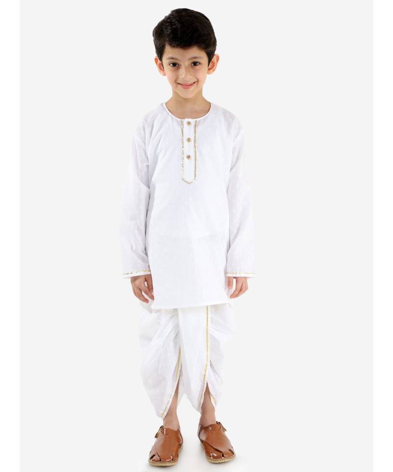white AVEY  PURE COTTONJAQUARD  ROUND NECK KURTA DHOTI