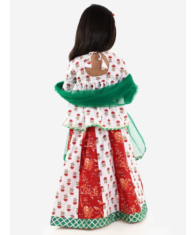 red BELA PEPLUM CHOLI WITH KALIDAAR LEHENGA