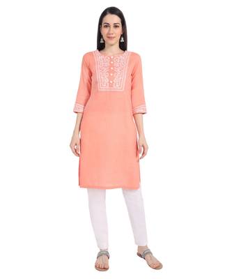 Women Peach Handwork Cotton Readymade Kurti 1