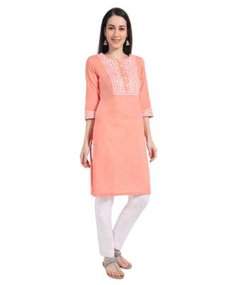 Women Peach Handwork Cotton Readymade Kurti 3