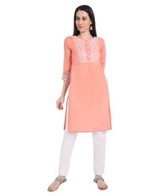 Women Peach Handwork Cotton Readymade Kurti 4