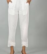 Women's White Cotton Solid Straight Trouser Pant