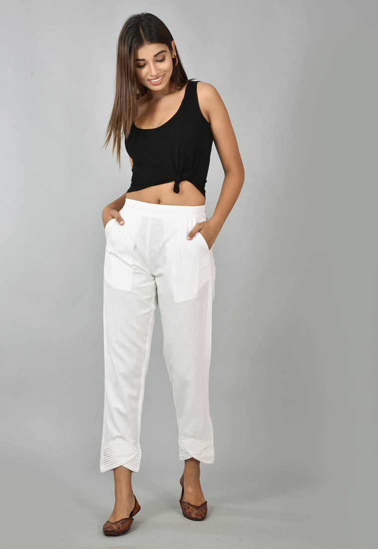 Women's White Cotton Solid Straight Trouser Pant