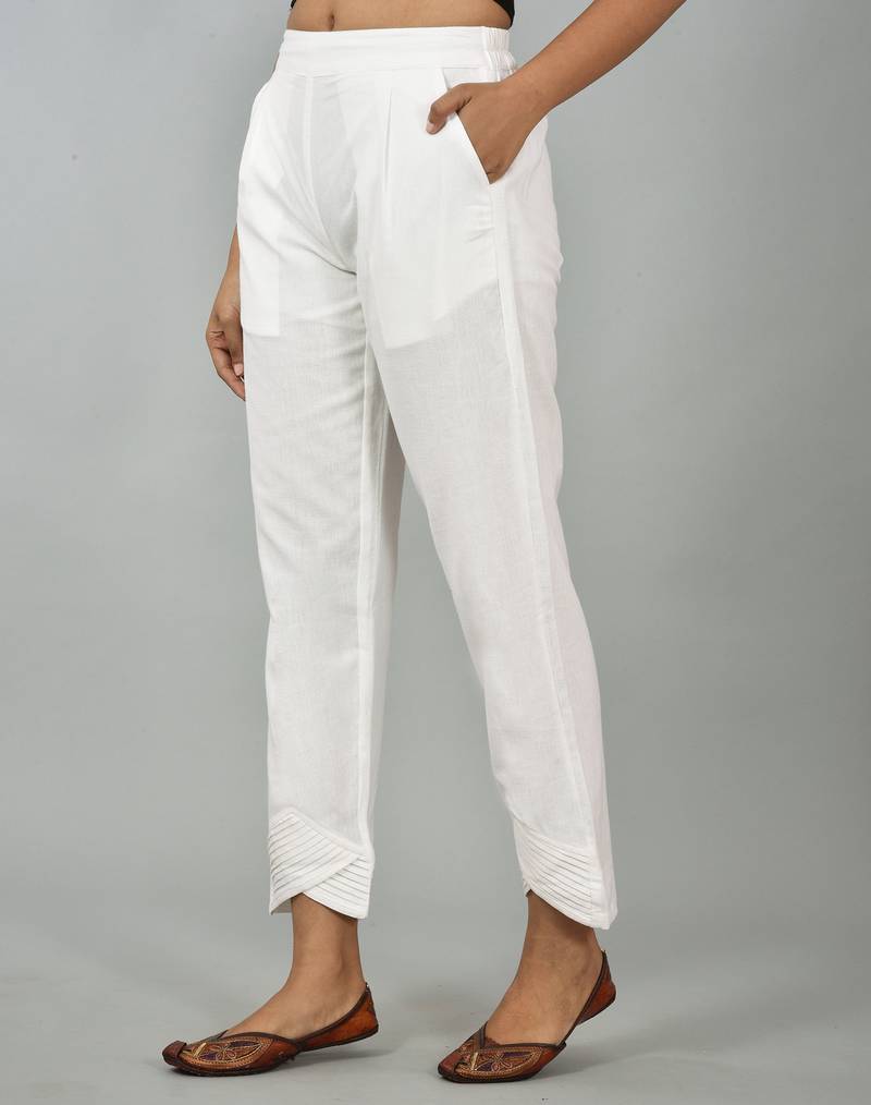Women's White Cotton Solid Straight Trouser Pant