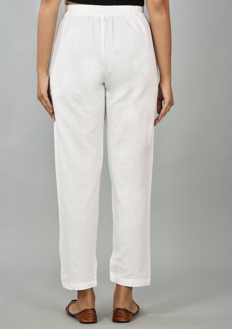 Women's White Cotton Solid Straight Trouser Pant