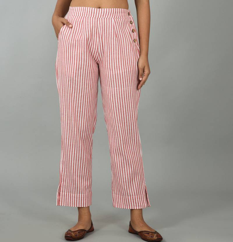 Women's Red Cotton Striped Printed Straight Trouser Pant