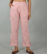 Women's Red Cotton Striped Printed Straight Trouser Pant