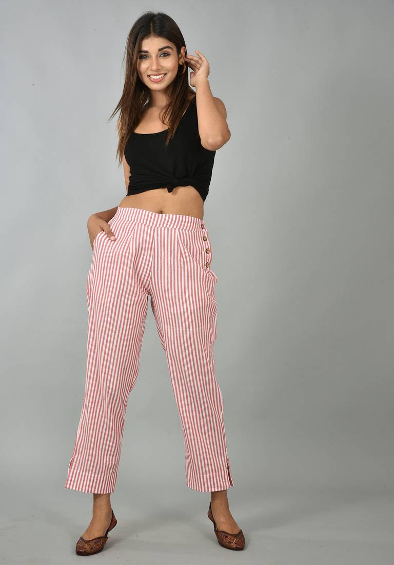 Women's Red Cotton Striped Printed Straight Trouser Pant