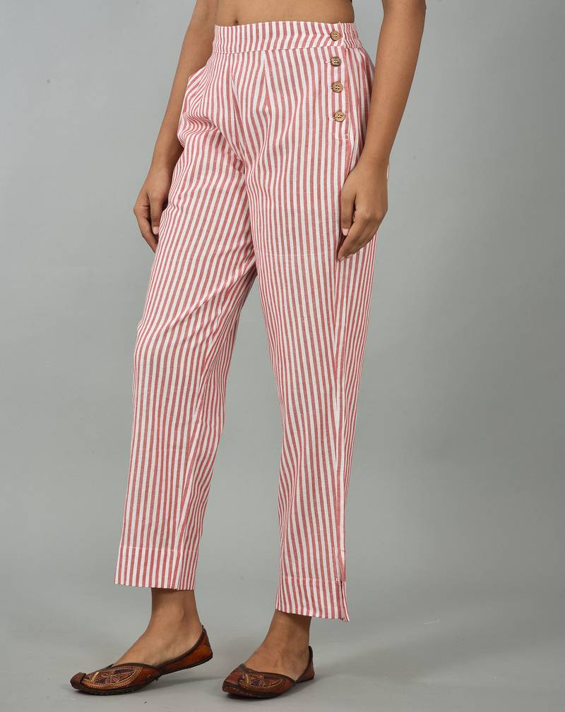 Women's Red Cotton Striped Printed Straight Trouser Pant