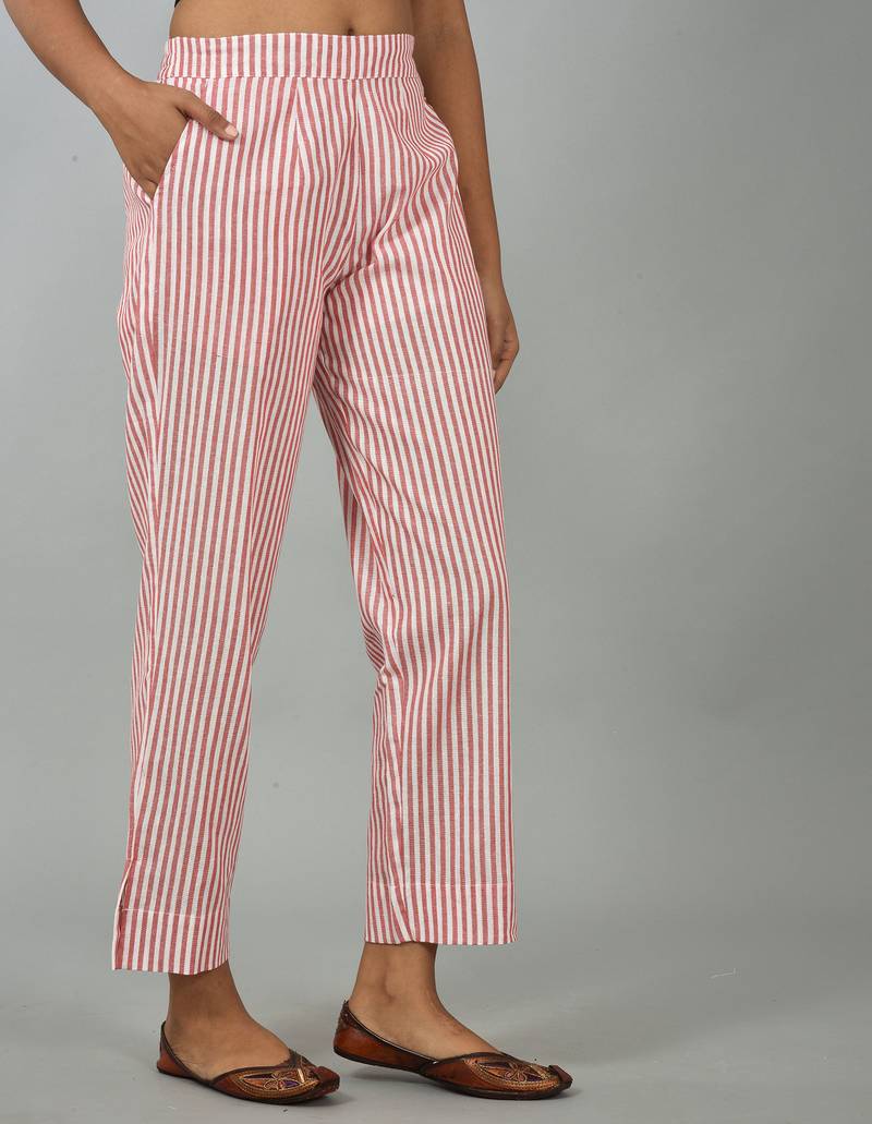 Women's Red Cotton Striped Printed Straight Trouser Pant