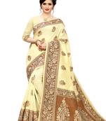 Dark cream woven jacquard saree with blouse