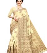 Dark cream woven jacquard saree with blouse