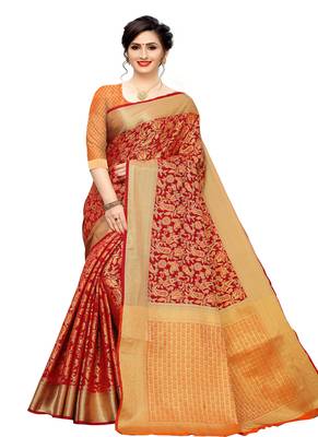 Red Woven silk Blend Saree With Blouse 1