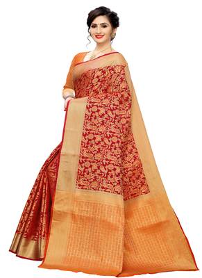 Red Woven silk Blend Saree With Blouse 2