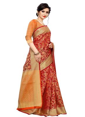 Red Woven silk Blend Saree With Blouse 3