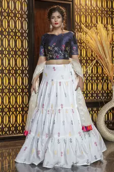 White embroidered cotton Semi Stitched bridal lehenga
