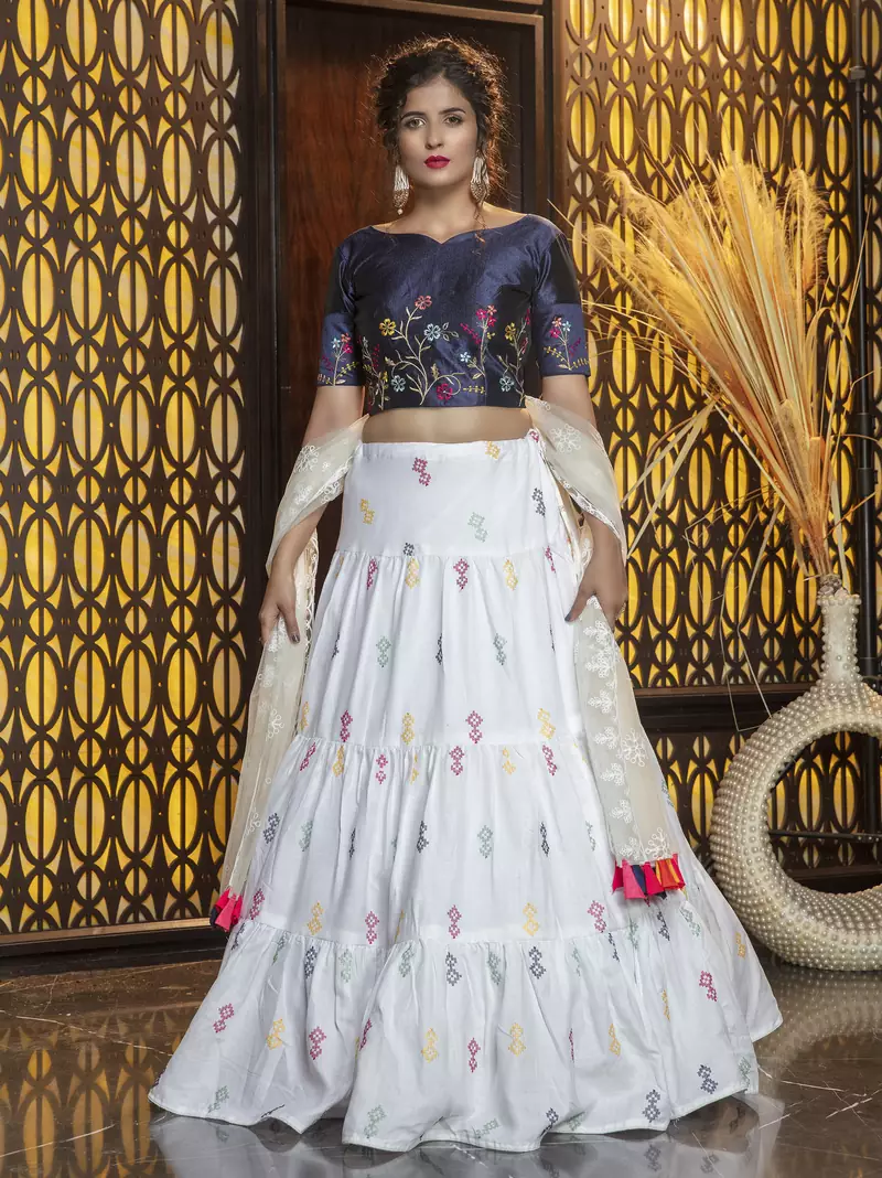 White embroidered cotton Semi Stitched bridal lehenga