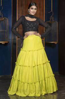Green embroidered cotton Semi Stitched bridal lehenga