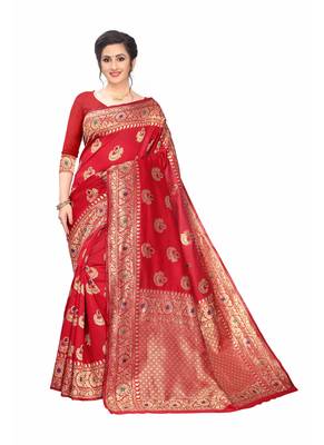 Red woven jacquard saree with blouse 1