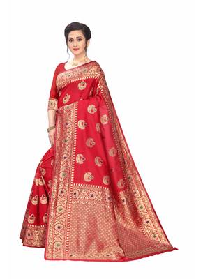 Red woven jacquard saree with blouse 2