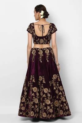 Purple embroidered velvet semi stitched lehenga 3