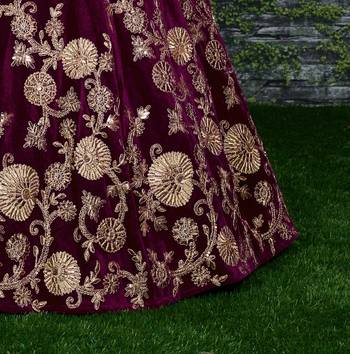 Purple embroidered velvet semi stitched lehenga 4