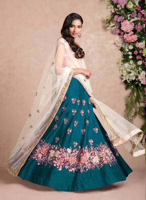 Turquoise embroidered art silk semi stitched lehenga 2