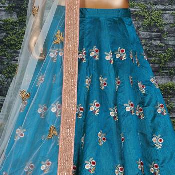 Turquoise embroidered art silk semi stitched lehenga 4