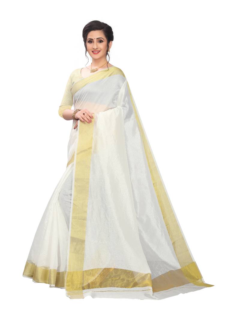 White plain tissue saree with blouse Leeza Store 3365735