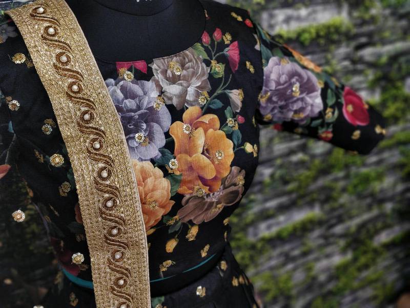 Black embroidered art silk semi stitched lehenga