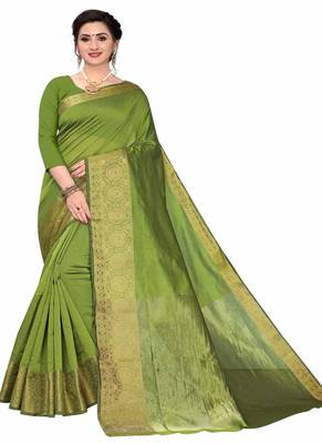 Green Plain Jacquard Saree With Blouse 1