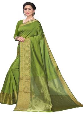 Green Plain Jacquard Saree With Blouse 2