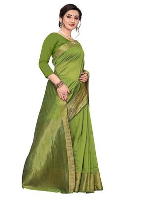 Green Plain Jacquard Saree With Blouse 3