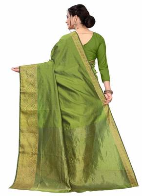 Green Plain Jacquard Saree With Blouse 4