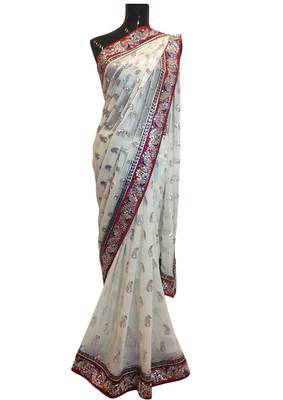 White embroidered georgette saree with blouse 2