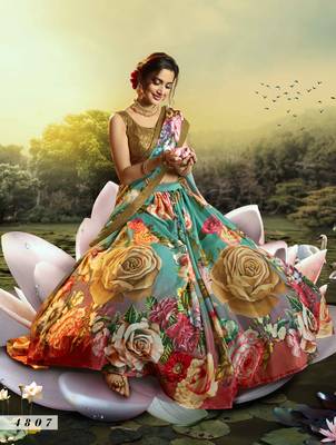 Multicolor embroidered organza semi stitched floral lehenga 3