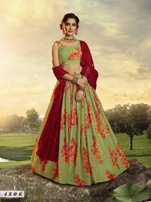 Green embroidered organza semi stitched floral lehenga 1