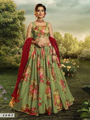 Green embroidered organza semi stitched floral lehenga 1