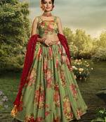 Green embroidered organza semi stitched floral lehenga