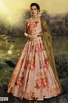 Peach embroidered organza semi stitched floral lehenga