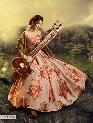 Peach embroidered organza semi stitched floral lehenga 2