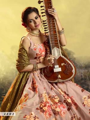 Peach embroidered organza semi stitched floral lehenga 3