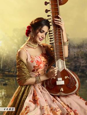 Peach embroidered organza semi stitched floral lehenga 4
